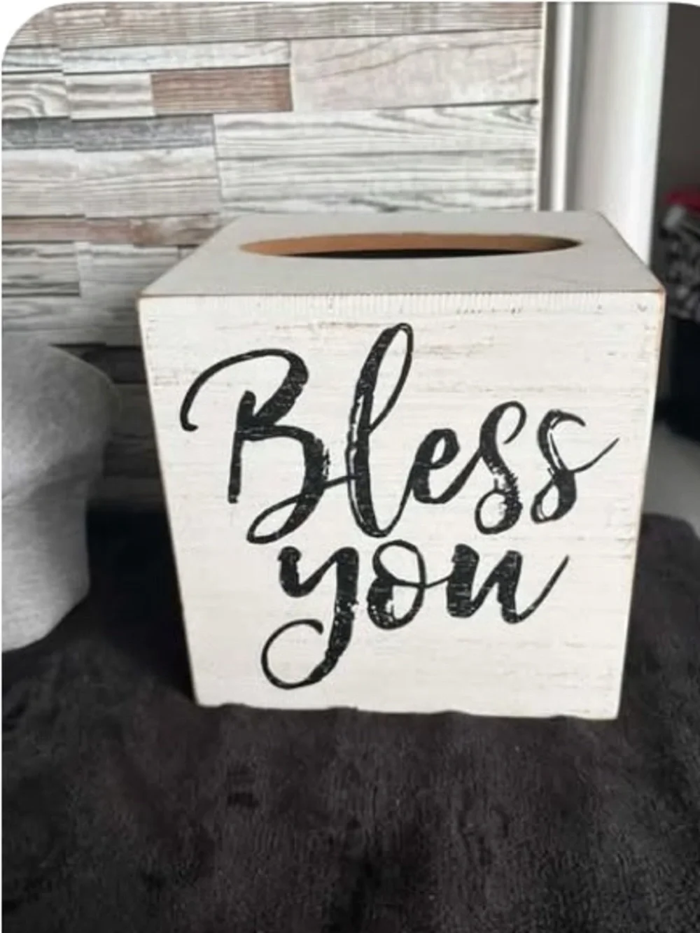 White and Black 'Bless You' Wooden Tissue Box Cover